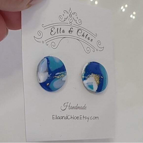 Handcrafted Blue White Gold Resin Gemstone Agate Marble Round Stud Earrings - Picture 3 of 5
